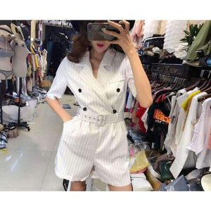 Planet Gates black / S Casual Summer Striped Jumpsuits for Women Rompers Notched Double Breasted Playsuits Short Sleeve Short Overalls 2018