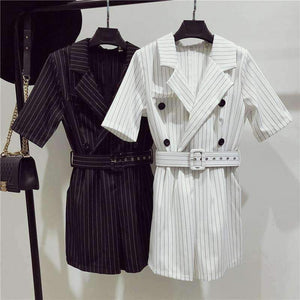 Planet Gates black / S Casual Summer Striped Jumpsuits for Women Rompers Notched Double Breasted Playsuits Short Sleeve Short Overalls 2018