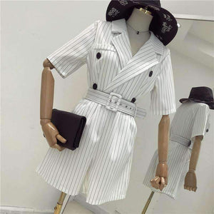 Planet Gates black / S Casual Summer Striped Jumpsuits for Women Rompers Notched Double Breasted Playsuits Short Sleeve Short Overalls 2018