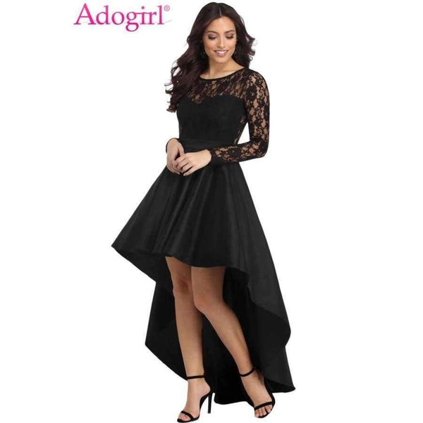 Planet Gates Black / S / China Black Long Sleeve Lace High Low Satin Dress Sexy Elegant Maxi Evening Party Dresses Social Event Red Carpet Vestidos