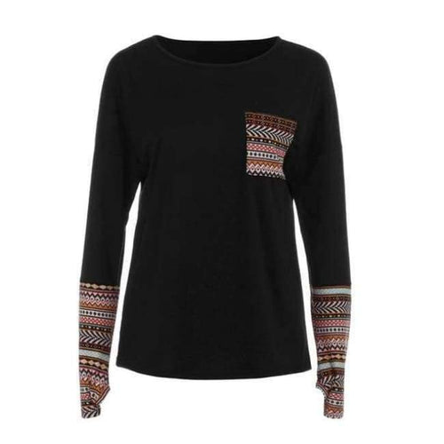 Planet Gates Black / S / China Spring Women's Patchwork Casual Loose T-shirts Autumn Ladies Long Sleeve Crewneck Pocket Tee Tops #YL