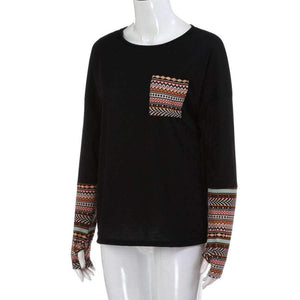 Planet Gates Black / S / China Spring Women's Patchwork Casual Loose T-shirts Autumn Ladies Long Sleeve Crewneck Pocket Tee Tops #YL