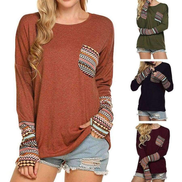 Planet Gates Black / S / China Spring Women's Patchwork Casual Loose T-shirts Autumn Ladies Long Sleeve Crewneck Pocket Tee Tops #YL