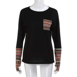 Planet Gates Black / S / China Spring Women's Patchwork Casual Loose T-shirts Autumn Ladies Long Sleeve Crewneck Pocket Tee Tops #YL