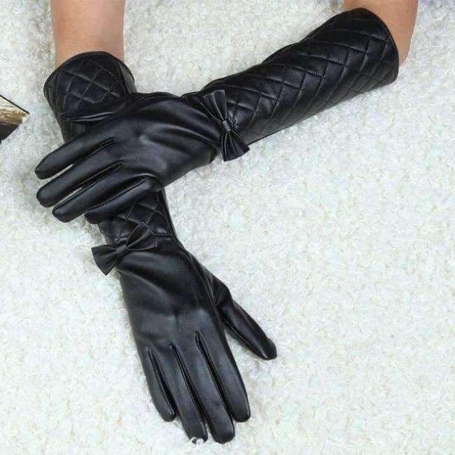 Planet Gates Black / S CNTANG Women Long Leather Gloves New 2018 Winter Fashion Black Bow Leather Gloves Warm Cute Long Section Female Gloves