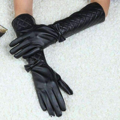 Planet Gates Black / S CNTANG Women Long Leather Gloves New 2018 Winter Fashion Black Bow Leather Gloves Warm Cute Long Section Female Gloves