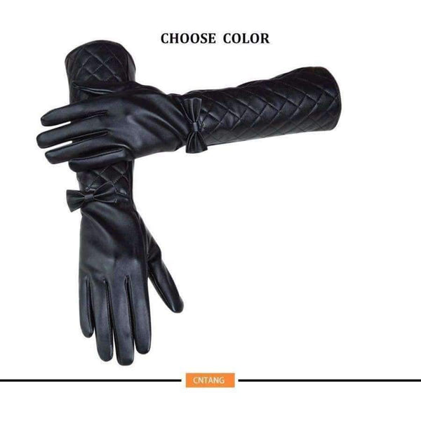 Planet Gates Black / S CNTANG Women Long Leather Gloves New 2018 Winter Fashion Black Bow Leather Gloves Warm Cute Long Section Female Gloves