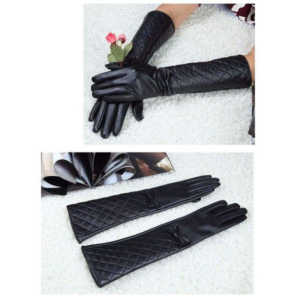 Planet Gates Black / S CNTANG Women Long Leather Gloves New 2018 Winter Fashion Black Bow Leather Gloves Warm Cute Long Section Female Gloves