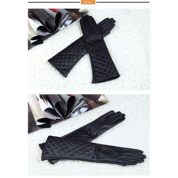 Planet Gates Black / S CNTANG Women Long Leather Gloves New 2018 Winter Fashion Black Bow Leather Gloves Warm Cute Long Section Female Gloves
