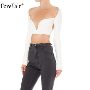 Planet Gates Black / S Deep V Neck Long Sleeve Crop Tops Women Summer Streetwear Solid Sexy Scoop Back Short Tops Ladies Off Shoulder T Shirt