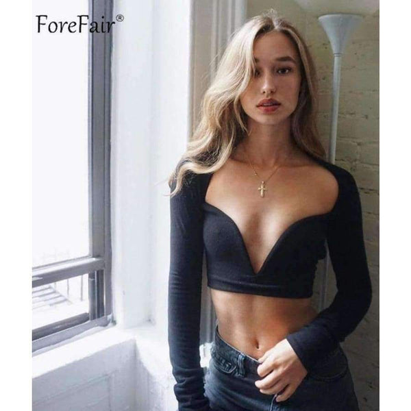 Planet Gates Black / S Deep V Neck Long Sleeve Crop Tops Women Summer Streetwear Solid Sexy Scoop Back Short Tops Ladies Off Shoulder T Shirt