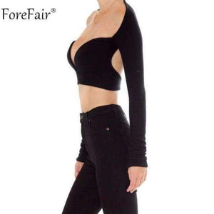 Planet Gates Black / S Deep V Neck Long Sleeve Crop Tops Women Summer Streetwear Solid Sexy Scoop Back Short Tops Ladies Off Shoulder T Shirt