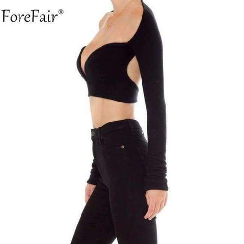 Planet Gates Black / S Deep V Neck Long Sleeve Crop Tops Women Summer Streetwear Solid Sexy Scoop Back Short Tops Ladies Off Shoulder T Shirt