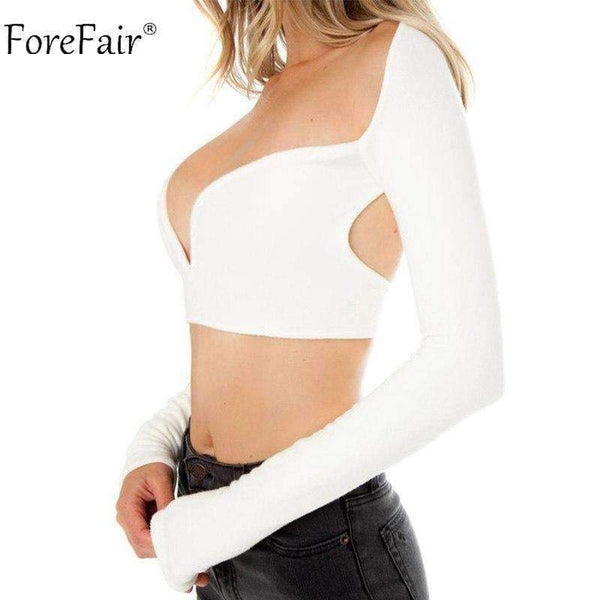 Planet Gates Black / S Deep V Neck Long Sleeve Crop Tops Women Summer Streetwear Solid Sexy Scoop Back Short Tops Ladies Off Shoulder T Shirt