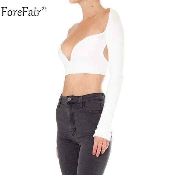 Planet Gates Black / S Deep V Neck Long Sleeve Crop Tops Women Summer Streetwear Solid Sexy Scoop Back Short Tops Ladies Off Shoulder T Shirt