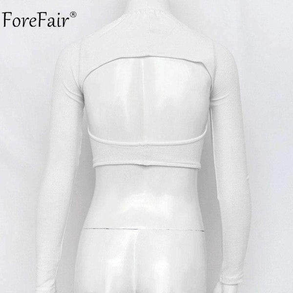 Planet Gates Black / S Deep V Neck Long Sleeve Crop Tops Women Summer Streetwear Solid Sexy Scoop Back Short Tops Ladies Off Shoulder T Shirt