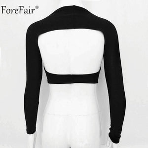 Planet Gates Black / S Deep V Neck Long Sleeve Crop Tops Women Summer Streetwear Solid Sexy Scoop Back Short Tops Ladies Off Shoulder T Shirt