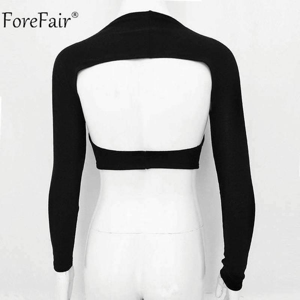 Planet Gates Black / S Deep V Neck Long Sleeve Crop Tops Women Summer Streetwear Solid Sexy Scoop Back Short Tops Ladies Off Shoulder T Shirt