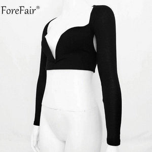 Planet Gates Black / S Deep V Neck Long Sleeve Crop Tops Women Summer Streetwear Solid Sexy Scoop Back Short Tops Ladies Off Shoulder T Shirt