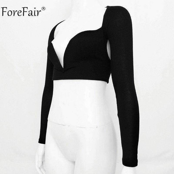 Planet Gates Black / S Deep V Neck Long Sleeve Crop Tops Women Summer Streetwear Solid Sexy Scoop Back Short Tops Ladies Off Shoulder T Shirt