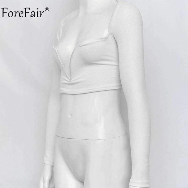 Planet Gates Black / S Deep V Neck Long Sleeve Crop Tops Women Summer Streetwear Solid Sexy Scoop Back Short Tops Ladies Off Shoulder T Shirt