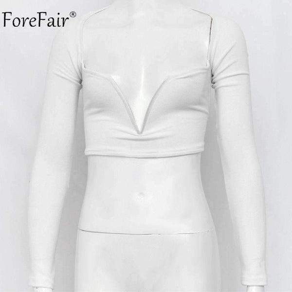 Planet Gates Black / S Deep V Neck Long Sleeve Crop Tops Women Summer Streetwear Solid Sexy Scoop Back Short Tops Ladies Off Shoulder T Shirt