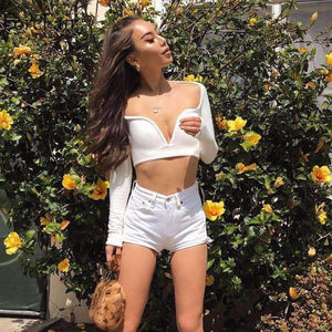 Planet Gates Black / S Deep V Neck Long Sleeve Crop Tops Women Summer Streetwear Solid Sexy Scoop Back Short Tops Ladies Off Shoulder T Shirt