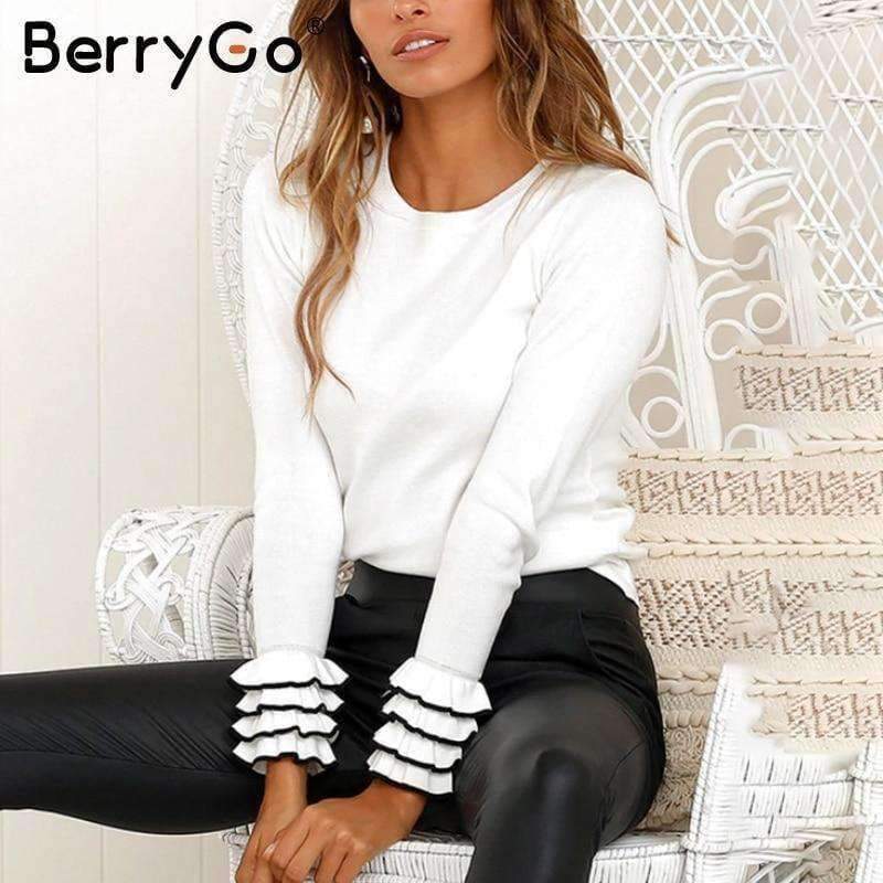 Planet Gates Black / S Elegant ruffles yellow sweater 2018 Women casual knitted sweaters pullover Autumn winter ladies sweaters female jumpers