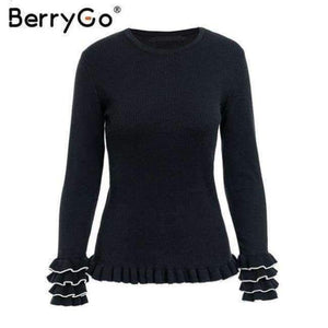 Planet Gates Black / S Elegant ruffles yellow sweater 2018 Women casual knitted sweaters pullover Autumn winter ladies sweaters female jumpers