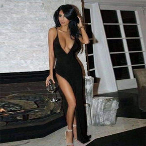 Planet Gates Black / S Elegant Solid Maxi Dress Sleeveles Party Dress Evening Club Bodycon Sundress Clubwear High Slit Deep V Neck Sexy