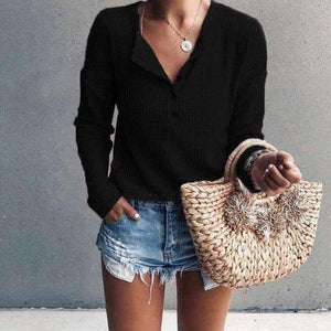 Planet Gates Black / S Elegant Women Knitted Jumper Top Button V Neck Long Sleeve Autumn Sweater Female Solid Plus Size Knit Pullover Sweaters