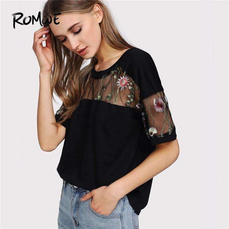 Planet Gates Black / S Embroidered Mesh Yoke Top 2018 New Black Short Sleeve Casual T Shirt Summer Round Neck Floral Women Top
