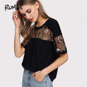 Planet Gates Black / S Embroidered Mesh Yoke Top 2018 New Black Short Sleeve Casual T Shirt Summer Round Neck Floral Women Top