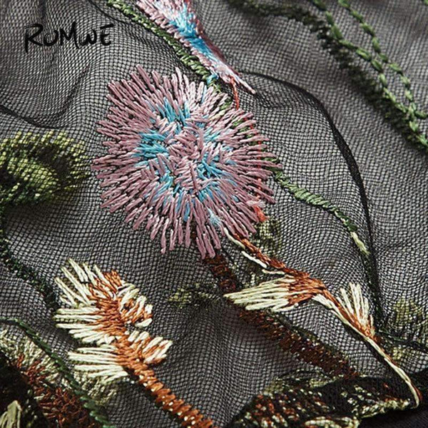 Planet Gates Black / S Embroidered Mesh Yoke Top 2018 New Black Short Sleeve Casual T Shirt Summer Round Neck Floral Women Top