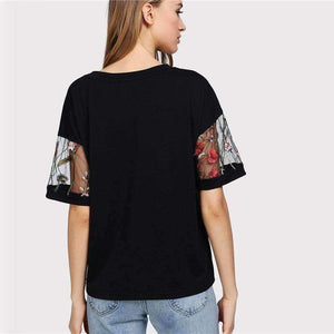 Planet Gates Black / S Embroidered Mesh Yoke Top 2018 New Black Short Sleeve Casual T Shirt Summer Round Neck Floral Women Top