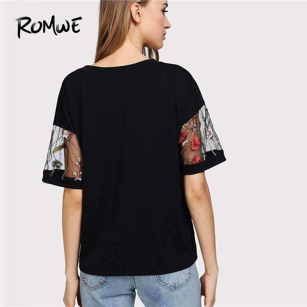 Planet Gates Black / S Embroidered Mesh Yoke Top 2018 New Black Short Sleeve Casual T Shirt Summer Round Neck Floral Women Top