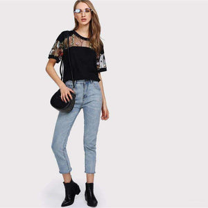 Planet Gates Black / S Embroidered Mesh Yoke Top 2018 New Black Short Sleeve Casual T Shirt Summer Round Neck Floral Women Top