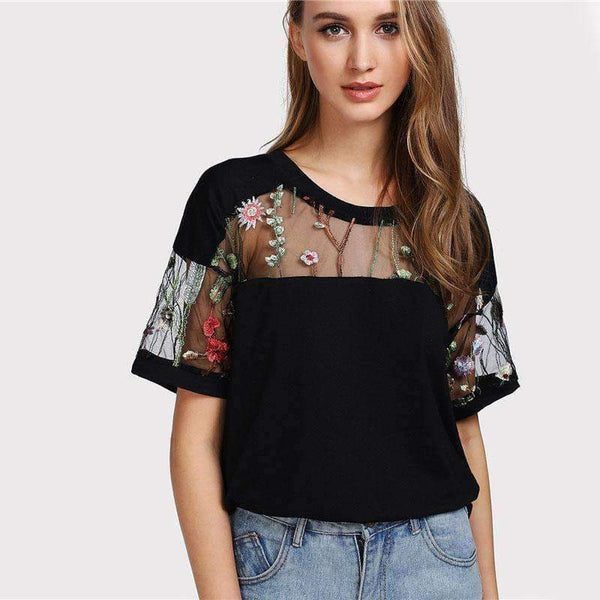 Planet Gates Black / S Embroidered Mesh Yoke Top 2018 New Black Short Sleeve Casual T Shirt Summer Round Neck Floral Women Top