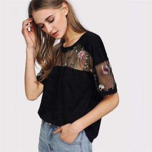 Planet Gates Black / S Embroidered Mesh Yoke Top 2018 New Black Short Sleeve Casual T Shirt Summer Round Neck Floral Women Top