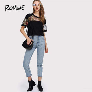 Planet Gates Black / S Embroidered Mesh Yoke Top 2018 New Black Short Sleeve Casual T Shirt Summer Round Neck Floral Women Top
