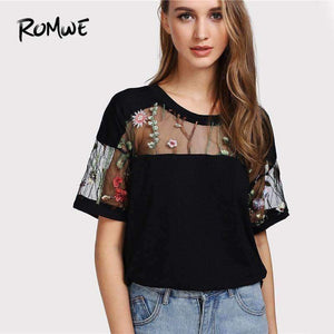 Planet Gates Black / S Embroidered Mesh Yoke Top 2018 New Black Short Sleeve Casual T Shirt Summer Round Neck Floral Women Top
