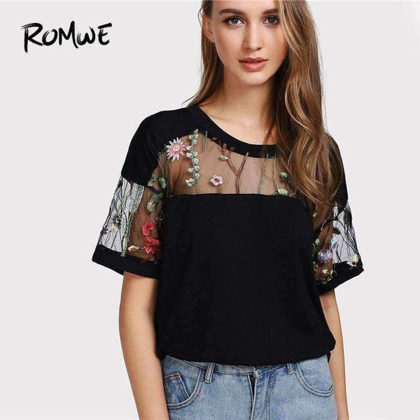 Planet Gates Black / S Embroidered Mesh Yoke Top 2018 New Black Short Sleeve Casual T Shirt Summer Round Neck Floral Women Top