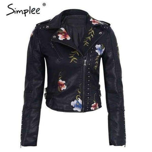 Planet Gates Black / S Embroidery floral faux leather jacket White basic jackets outerwear coats Women casual autumn winter jacket female coat