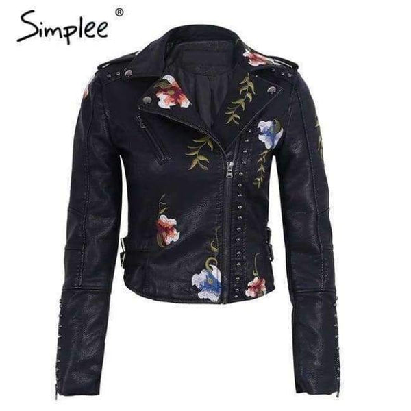 Planet Gates Black / S Embroidery floral faux leather jacket White basic jackets outerwear coats Women casual autumn winter jacket female coat