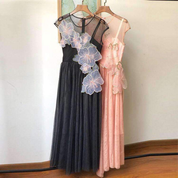 Planet Gates Black / S Embroidery women sexy elegant mesh long party dress 2018 new fashion high quality lady maxi long event dress