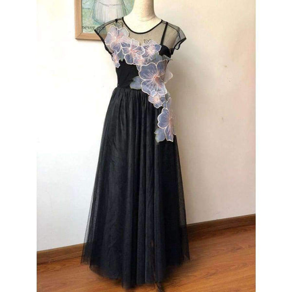 Planet Gates Black / S Embroidery women sexy elegant mesh long party dress 2018 new fashion high quality lady maxi long event dress
