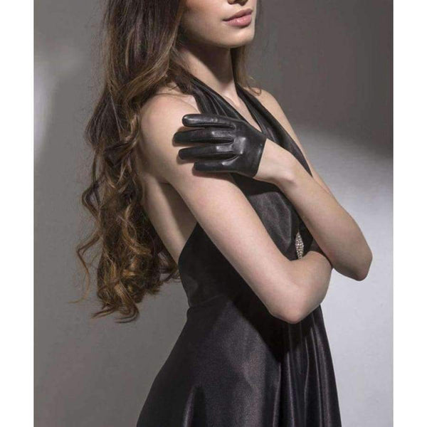 Planet Gates black / S Fashion New Genuine Leather Adult Women Gloves Wrist Solid Rivet Style Goatskin Glove Short Black Driving Hot Sale Free Shipping