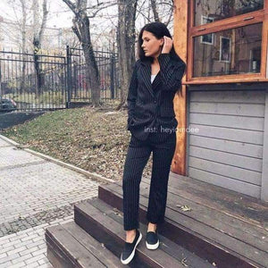 Planet Gates black / S Fashion Pant Suits 2 Piece Set for Women Double Breasted Striped Blazer Jacket & Trouser Office Lady Suit Feminino 2018