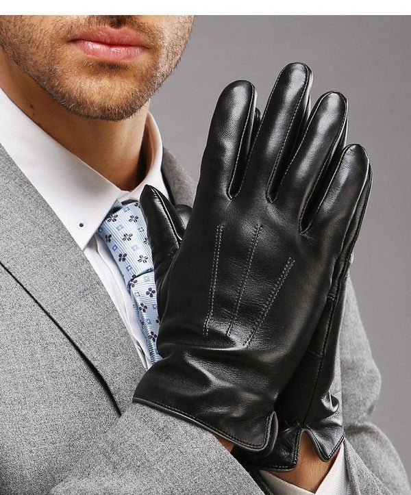 Planet Gates black / S Genuine Leather Gloves For Men Thermal Winter Touch Screen Sheepskin Glove Fashion Slim Wrist Driving