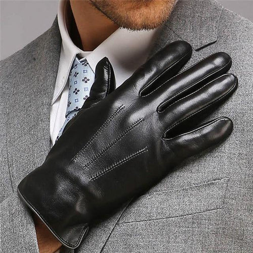 Planet Gates black / S Genuine Leather Gloves For Men Thermal Winter Touch Screen Sheepskin Glove Fashion Slim Wrist Driving